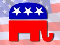 Logo Partii Republikańskiej na tle flagi USA.